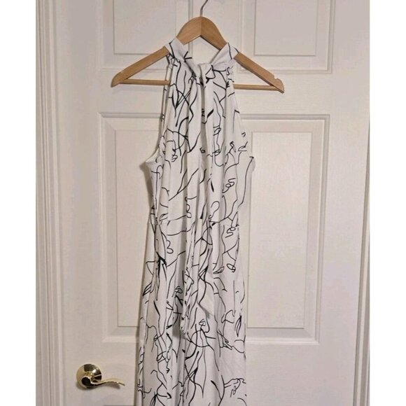 Jumpsuit Womens White Black Abstract Print Halter Sleeveless Wide Leg Medium Y2K - Picture 4 of 9